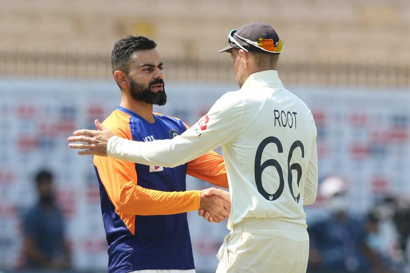 Virat Kohli(Captain) of India Joe Root (captain) of England  during day five of the first test match between India and England held at the Chidambaram Stadium in Chennai, Tamil Nadu, India on the 9th February 2021

Photo by Pankaj Nangia/ Sportzpics for BCCI