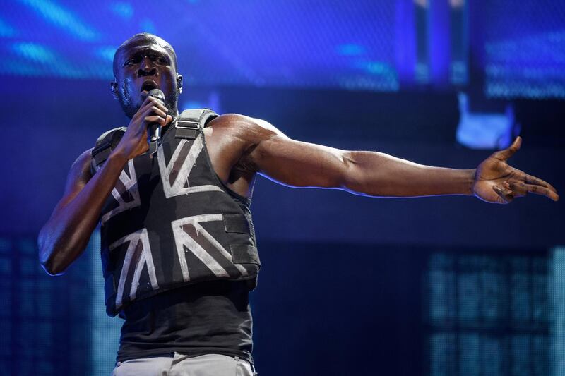 GLASTONBURY, ENGLAND - JUNE 28: Stormzy performs in the headline slot on the Pyramid Stage on day three of Glastonbury Festival at Worthy Farm, Pilton on June 28, 2019 in Glastonbury, England. Glastonbury is the largest greenfield festival in the world, and is attended by around 175,000 people.  (Photo by Leon Neal/Getty Images)