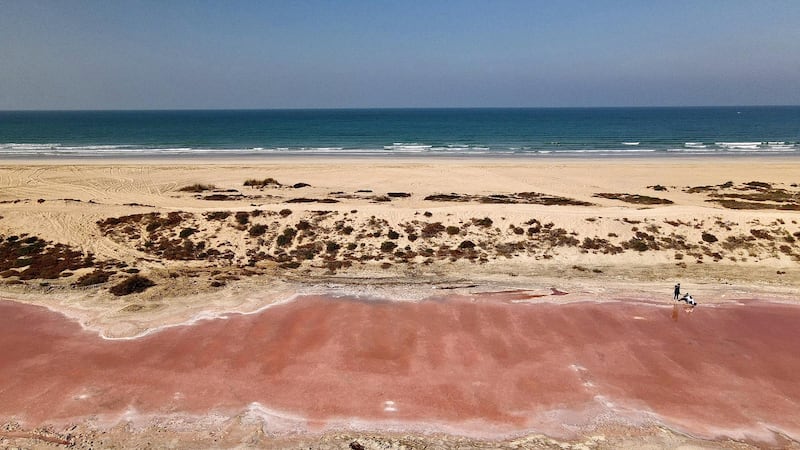 RAK, UNITED ARAB EMIRATES , January 20 – View of the Pink Lake discovered in Ras Al Khaimah. Some visitors are coming to see this lake after some pictures appeared on the social media recently. (Pawan Singh / The National) For News/Stock/Online/Instagram/Standalone/Big Picture. Story by Kelly