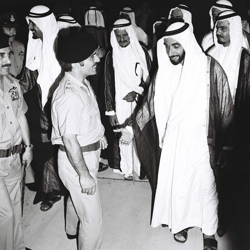 King Hussein of Jordan is recieved by Sheikh Zayed in 1974. Al Ittihad
