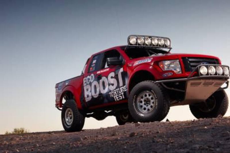 A 2011 Ford F-150 EcoBoost(TM) will take on the demanding Tecate SCORE Baja 1000 long-distance desert endurance race this year, marking Ford's EcoBoost engine racing debut. The F-150 off-road race truck is equipped with the same stock EcoBoost engine that already has experienced 150,000 equivalent miles of dynamometer testing and other real-world tests as the final step in the engine's durability torture tests. (09/23/2010)