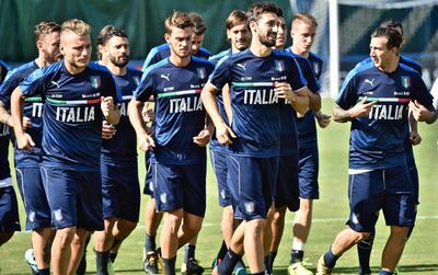 From left, Italy's Ciro Immobile, Antonio Candreva, Daniele Rugani, Davide Astori and Federico Bernardeschi attend a training session ahead of Tuesday's World Cup Group G soccer match against Israel, at the Coverciano center near Florence, Italy, Monday, Sept. 4, 2017. (Maurizio Degl'Innocenti/ANSA via AP)