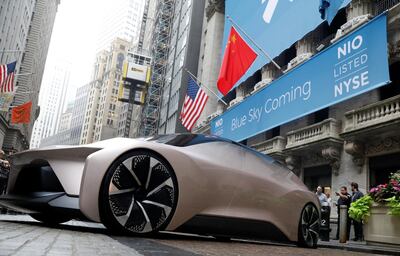 Chinese electric vehicle start-up Nio Inc. vehicle is parked in front of the New York Stock Exchange (NYSE) to celebrate the company’s initial public offering (IPO) in New York, U.S., September 12, 2018.  REUTERS/Brendan McDermid