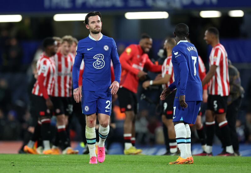 Chelsea's Ben Chilwell and N'Golo Kante look dejected after the match. Reuters
