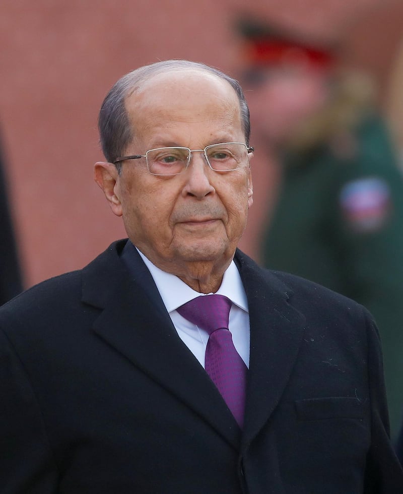 Lebanese President Michel Aoun attends a wreath-laying ceremony at the Tomb of the Unknown Soldier by the Kremlin wall in Moscow, Russia March 26, 2019. REUTERS/Maxim Shemetov/Pool