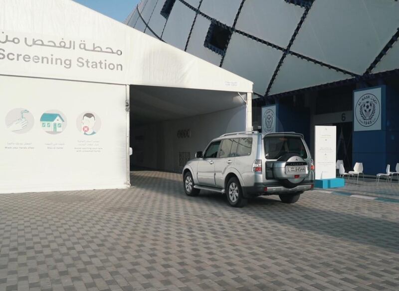 A drive-through coronavirus testing centre opens at Al Maktoum Stadium, also known as Al Nasr Sports Club, in Dubai. Courtesy Dubai Media Office