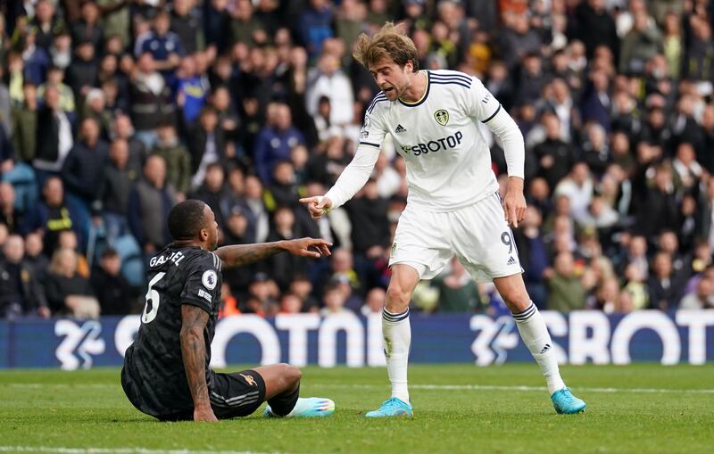 Tempers flare between Arsenal's Gabriel and Leeds United's Patrick Bamford. PA