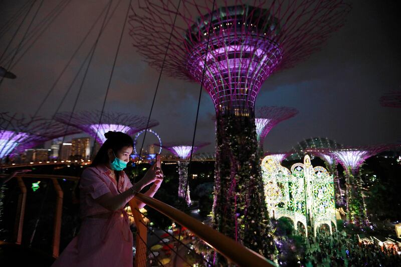 A visitor takes photos of the Supertrees Grove lighted up on Christmas Day at Gardens by the Bay in Singapore.  EPA/HOW HWEE YOUNG