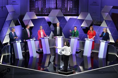 Politicians from seven parties lined up for the debate. From left, Reform UK's Nigel Farage, Plaid Cymru's Rhun ap Iorwerth, Liberal Democrat Daisy Cooper, the SNP's Stephen Flynn, the Green Party's Carla Denyer, Labour's Angela Rayner and Conservative Penny Mordaunt. Getty Images