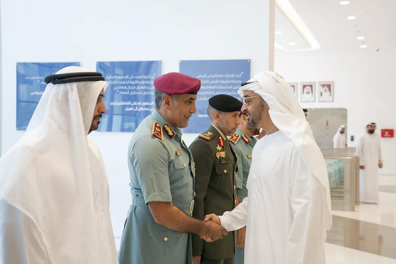 ABU DHABI, UNITED ARAB EMIRATES -September 20, 2017: HH Sheikh Mohamed bin Zayed Al Nahyan, Crown Prince of Abu Dhabi and Deputy Supreme Commander of the UAE Armed Forces (R), greets HE Major General Mohamed Khalfan Al Romaithi, Commander in Chief of Abu Dhabi Police and Head of Security, Justice, Health and Safety Committee of Abu Dhabi Executive Council (2nd L), during the inauguration of the Rabdan Academy.

( Rashed Al Mansoori / Crown Prince Court - Abu Dhabi )
---
