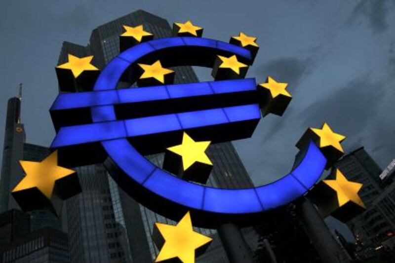 FRANKFURT AM MAIN, GERMANY - JUNE 21: A Euro logo stands in front of the headquarters of the European Central Bank (ECB) on June 21, 2011 in Frankfurt am Main, Germany. Eurozone finance ministers are currently seeking to find a solution to Greece's pressing debt problems, including the prospect of the country's inability to meet its financial obligations unless it gets a fresh, multi-billion Euro loan by July 1. Greece's increasing tilt towards bankruptcy is rattling worldwide financial markets, and leading economists warn that bankruptcy would endanger the stability of the Euro and have dire global consequences.  (Photo by Ralph Orlowski/Getty Images) *** Local Caption ***  117089453.jpg