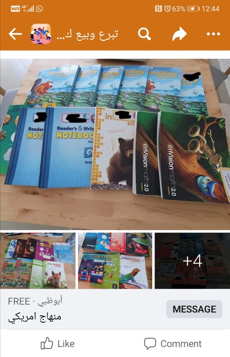 A Facebook post offering books from an American school in Abu Dhabi. Photo: Facebook