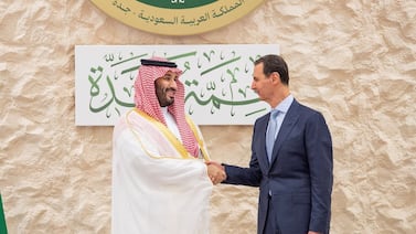 Saudi Arabia's Crown Prince Mohammed bin Salman and Syrian President Bashar Al Assad ahead of a League Summit in Jeddah, Saudi Arabia, May 19, 2023. Reuters