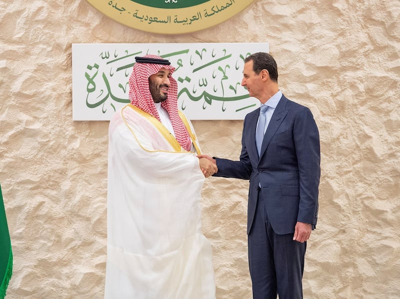 Saudi Arabia's Crown Prince Mohammed bin Salman and Syrian President Bashar Al Assad meet before the 2023 Arab League summit in Jeddah. Reuters