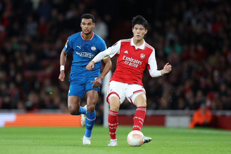 Takehiro Tomiyasu - 8, Dealt with Cody Gakpo well throughout the game and delivered the cross that allowed Granit Xhaka to score the game’s only goal. Getty Images