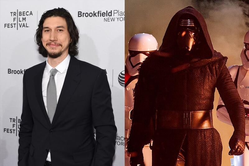 Actor Adam Driver attends the 2015 Tribeca Film Festival at the SVA Theater, left, and Driver as Kylo Ren in the new Star Wars: The Force Awakens. Dimitrios Kambouris / Getty Images for the Tribeca Film Festival / AFP; David James / Lucasfilm / Disney