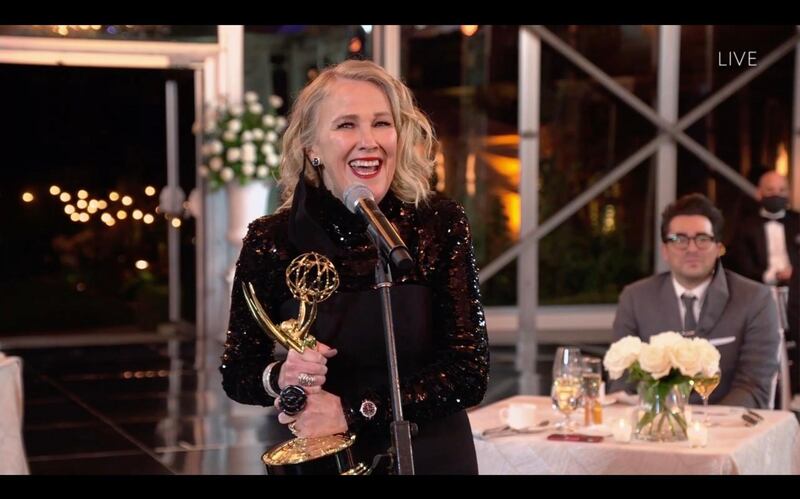 Catherine O'Hara accepting the award for outstanding lead actress in a comedy series for 'Schitt's Creek' during the 72nd annual Primetime Emmy Awards. EPA