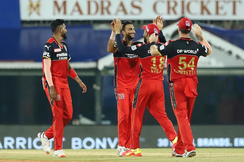 Harshal Patel of Royal Challengers Bangalore celebrates the wicket of Macro Jansen of Mumbai Indians during match 1 of the Vivo Indian Premier League 2021 between Mumbai Indians and the Royal Challengers Bangalore held at the M. A. Chidambaram Stadium, Chennai on the 9th April 2021. Photo by Faheem Hussain / Sportzpics for IPL
