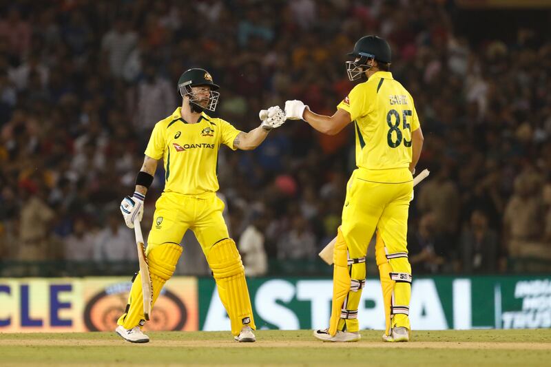 MOHALI, INDIA - SEPTEMBER 20: Matthew Wade and Tim David of Australia during game one of the T20 International series between India and Australia at Punjab Cricket Association Stadium on September 20, 2022 in Mohali, India. (Photo by Pankaj Nangia / Getty Images)