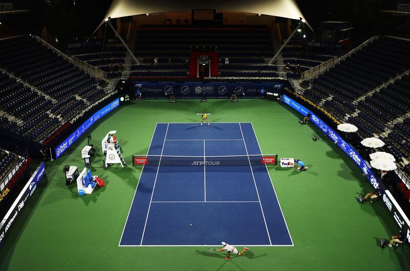 DUBAI, UNITED ARAB EMIRATES - MARCH 17: Kei Nishikori of Japan returns during the round of 16 match between Aljaz Bedene of Slovenia and Kei Nishikori of Japan during Day Eleven of the Dubai Duty Free Tennis at Dubai Duty Free Tennis Stadium on March 17, 2021 in Dubai, United Arab Emirates. (Photo by Francois Nel/Getty Images)