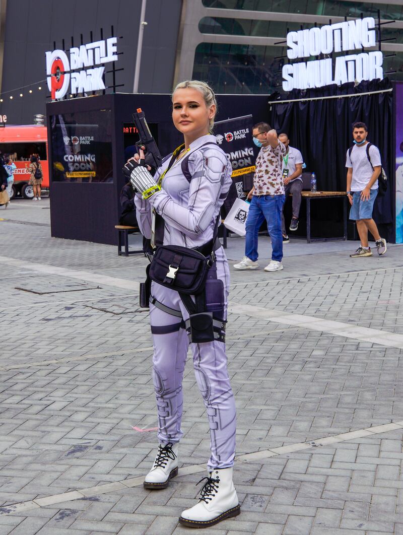 A woman in cosplay at the outdoor Party Plaza area at Adnec.