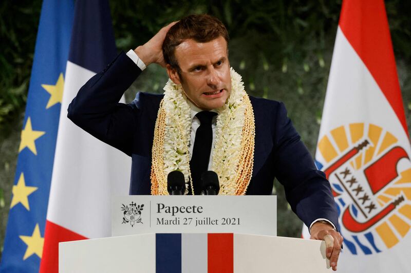 France's President Emmanuel Macron gives a speech prior to his departure on the final day of his visit in Papeete, French Polynesia on July 27. AFP