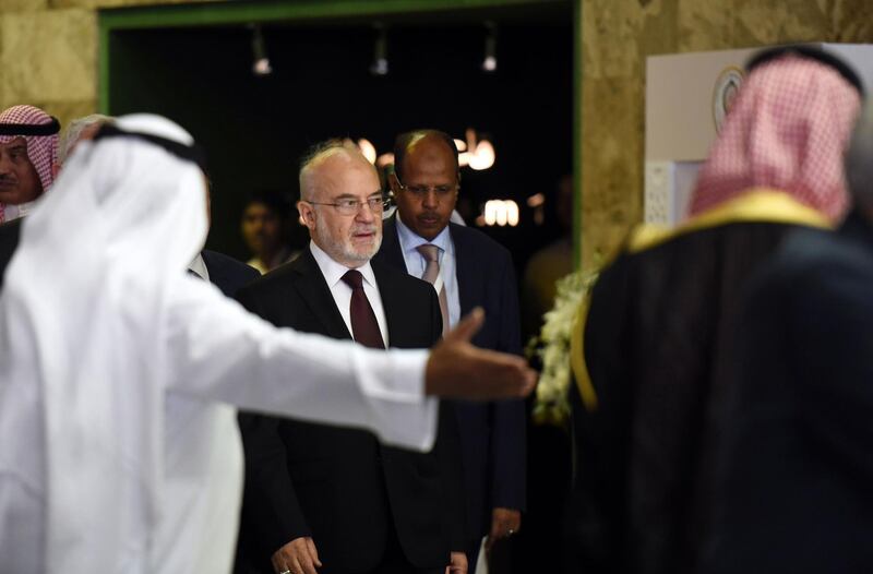 Iraqi Minister of Foreign Affairs Ibrahim Al Jafaari arrives to attend the preparatory meeting ahead of the 28th Summit of the Arab League in Riyadh on April 12, 2018. Fayez Nureldine / AFP Photo