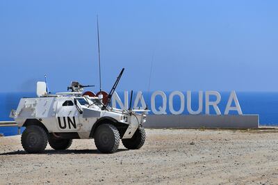 A United Nations Interim Force In Lebanon (UNIFIL) peacekeeping force vehicle patrols in the southern coastal border Lebanese-Israeli town of Naqoura, Lebanon, Monday, June 6, 2022. AP