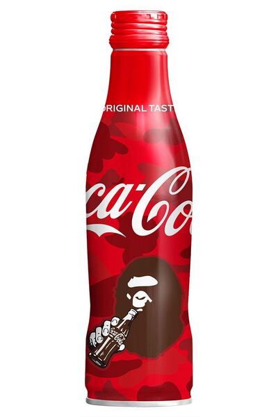 A Bathing Ape bottle for Coca-Cola, featuring the Ape Head design, for 2020. Coca Cola 