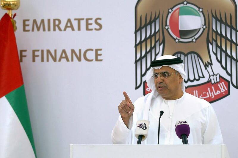 Obaid Humaid Al Tayer, the Minister of State for Financial Affairs, announces details of the impending UAE bankruptcy law. Ravindranath K / The National