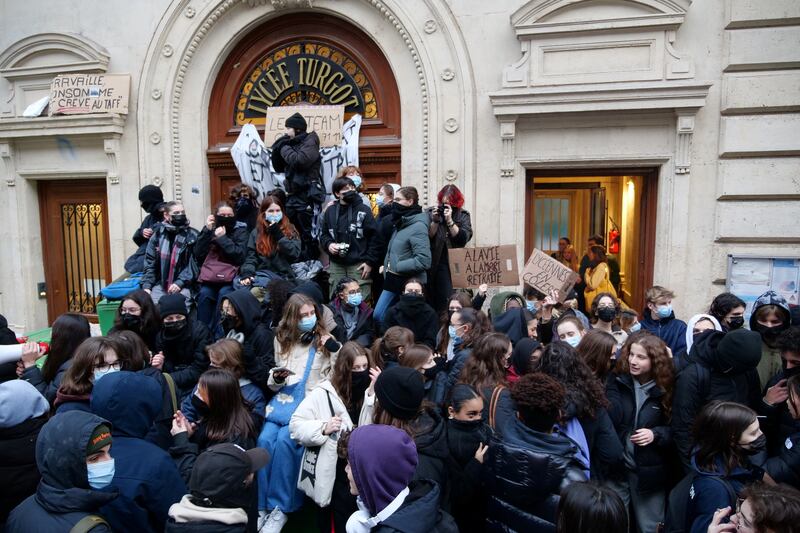 Pupils block access to the Lycee Turgot high school in Paris. Reuters