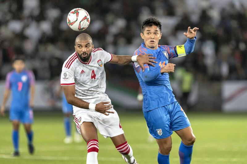 ABU DHABI, UNITED ARAB EMIRATES. 10 JANUARY 2019. AFC Football at Zayed Sports City. UAE vs India match. First half. UAE leads 1-0. (Photo: Antonie Robertson/The National) Journalist: John McAuley. Section: Sport.