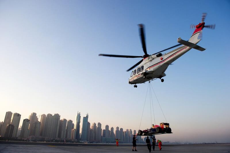 It was flown into Burj Al Arab in an Agustawestland AW139 helicopter at sunrise. Courtesy Red Bull