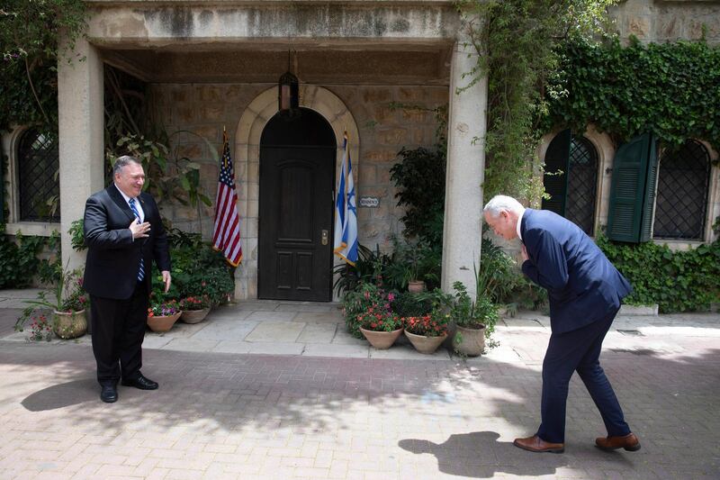 US Secretary of State Mike Pompeo meets Israeli Blue and White party leader Benny Gantz in Jerusalem.  EPA