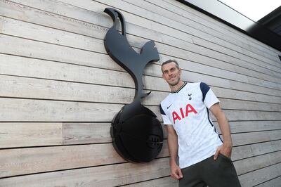 ENFIELD, ENGLAND - SEPTEMBER 18:  New Spurs signing Gareth Bale poses for a portrait as he is unveiled on September 18, 2020 in Enfield, England. (Photo by Tottenham Hotspur FC/Tottenham Hotspur FC via Getty Images)