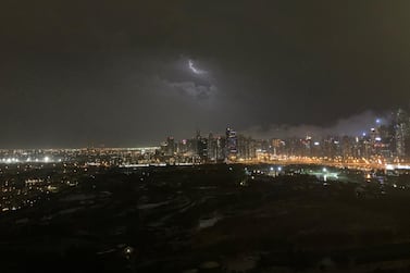 Forks of lightning and storm clouds captured over Dubai Marina on Saturday night. Courtesy: Anton Balchin