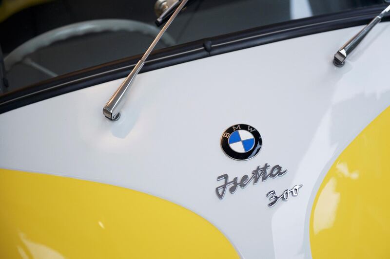 The BMW badge is seen on the bonnet of the 1963 BMW Isetta 300 during a media tour of the Fullerton Concours d'Elegance in Singapore June 29, 2018. REUTERS/Loriene Perera
