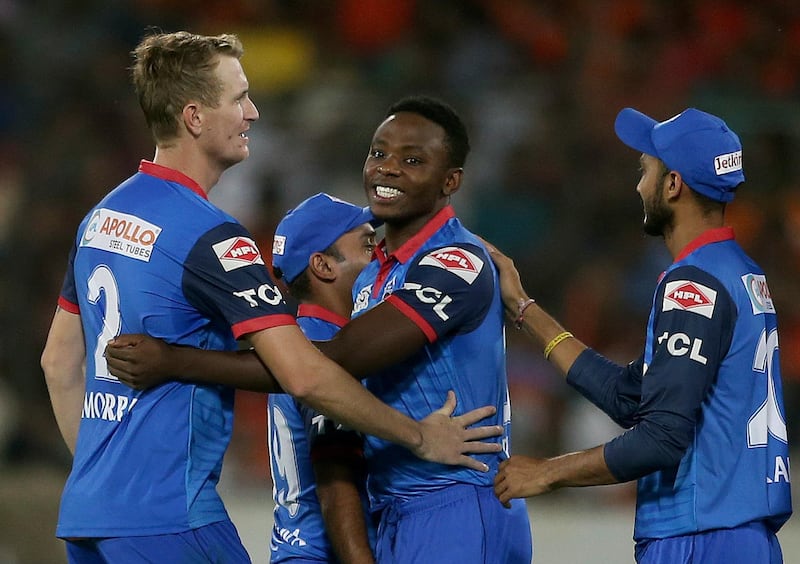 Delhi Capitals' Kagiso Rabada, centre, celebrates the dismissal of Sunrisers Hyderabad's David Warner during the VIVO IPL T20 cricket match between Sunrisers Hyderabad and Delhi Capitals in Hyderabad, India, Sunday, April 14, 2019. (AP Photo/ Mahesh Kumar A.)