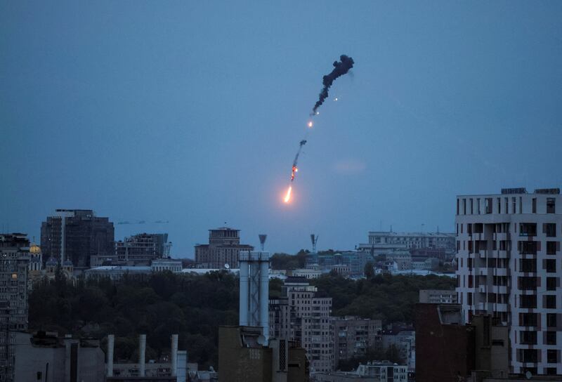 An explosion of a drone is seen in the sky over Kyiv on May 4. Reuters