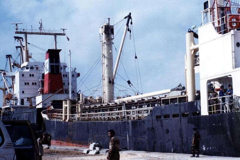 File photo of Yemeni soldiers standing guard the North Korean ship So San at Al Mukalla port, 550km southeast of the Yemeni capital, Sanaa on December 17, 2002 after its cargo was unloaded. The ship, which was carrying a  cargo of cement bags on top of the Scud missile containers, was intercepted December 9 in the Arabian Sea by Spanish warships. AP Photo