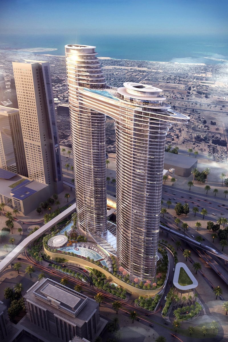 A rendering of the newly-opened hotel which features two 60-level towers connected by a floating Sky Bridge. 