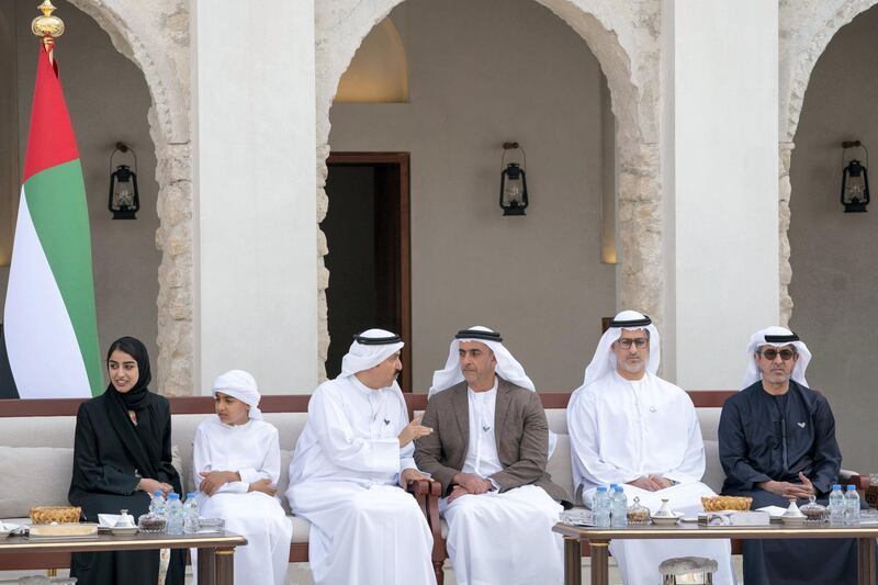 ABU DHABI, UNITED ARAB EMIRATES - February 11, 2020: (L-R) HH Sheikha Hassa bint Mohamed bin Hamad bin Tahnoon Al Nahyan, HH Sheikh Tahnoon bin Mohamed bin Tahnoon Al Nahyan, HE Saqr bin Ghobash Saeed Ghobash, Chairman of the UAE Federal National Council (FNC), HH Lt General Sheikh Saif bin Zayed Al Nahyan, UAE Deputy Prime Minister and Minister of Interior, HH Sheikh Marwan Al Mu'alla, and HH Sheikh Rashid bin Hamdan bin Mohamed Al Nahyan, attend a barza, at Qasr Al Hosn. 

( Mohamed Al Hammadi / Ministry of Presidential Affairs )
---