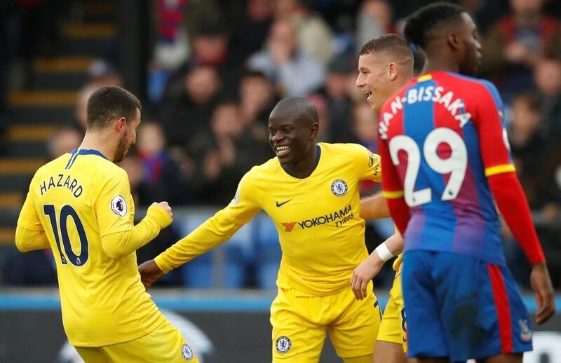 Soccer Football - Premier League - Crystal Palace v Chelsea - Selhurst Park, London, Britain - December 30, 2018  Chelsea's N'Golo Kante celebrates with Eden Hazard after scoring their first goal     REUTERS/David Klein  EDITORIAL USE ONLY. No use with unauthorized audio, video, data, fixture lists, club/league logos or "live" services. Online in-match use limited to 75 images, no video emulation. No use in betting, games or single club/league/player publications.  Please contact your account representative for further details.