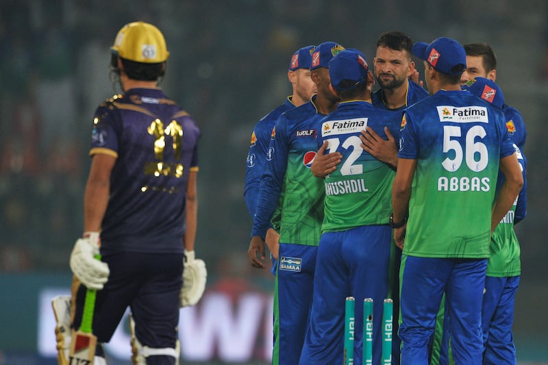 Ihsanullah celebrates the wicket of Quetta Gladiators' Abdul Bangalzai. AFP