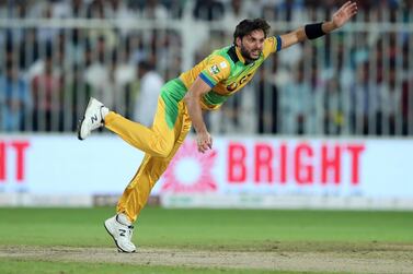 Sharjah, United Arab Emirates - December 02, 2018: Pakhtoons' Shahid Afridi during the game between between Pakhtoons and Northern Warriors in the T10 final. Sunday the 2nd of December 2018 at Sharjah cricket stadium, Sharjah. Chris Whiteoak / The National