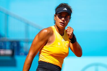 MADRID, SPAIN - APRIL 24: Mayar Sherif of Egypt in action against Lauren Davis of the United States of the United States in the first round on Day Two of the Mutua Madrid Open at La Caja Magica on April 24, 2024 in Madrid, Spain (Photo by Robert Prange/Getty Images)