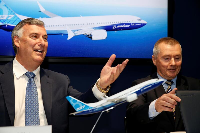 Boeing Commercial Airplanes CEO Kevin McAllister and International Airlines Group CEO Willie Walsh attend the Boeing 737 MAX 8 commercial announcement during the 53rd International Paris Air Show at Le Bourget Airport near Paris, France June 18, 2019. REUTERS/Pascal Rossignol