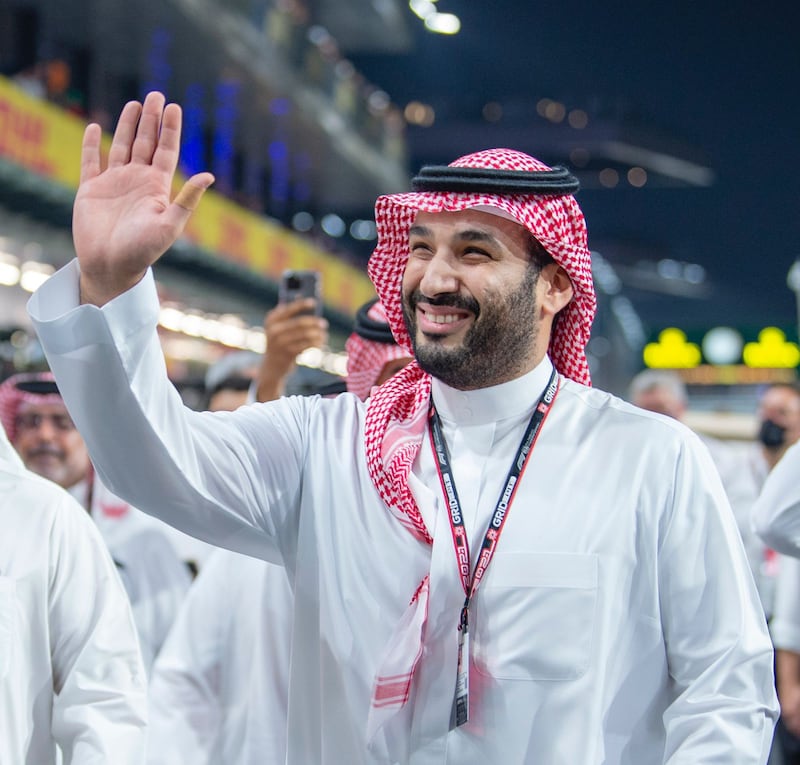 Prince Mohammed waves to the crowd at the Saudi Arabian Grand Prix. Photo: SPA