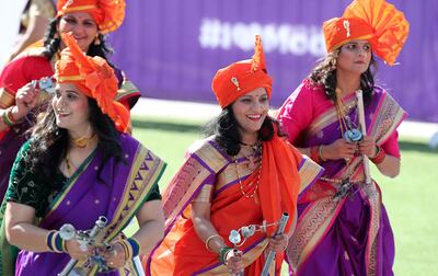 Dancers and performers entertained the crowds at the Ahlan Modi event at Zayed Sports City in Abu Dhabi on Tuesday. Pawan Singh / The National