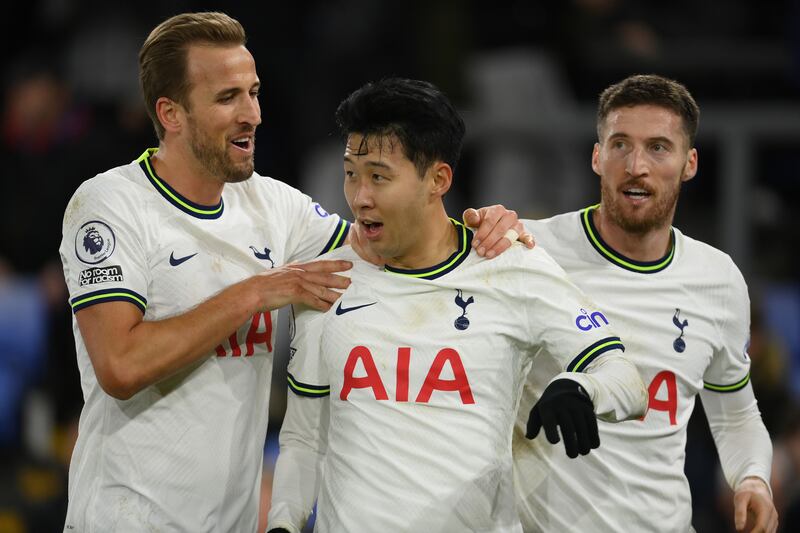 Son Heung-min celebrates with Harry Kane and Matt Doherty after scoring Tottenham Hotspur's fourth goal in their 4-0 Premier League win at Crystal Palace, on January 4, 2023. Getty